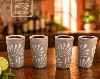 Set of 4 Handmade Talavera Style Ceramic Shot Glasses, Mexican Caballitos, Rustic Pottery Barware, Mexico Lindo Shot Glass Barro