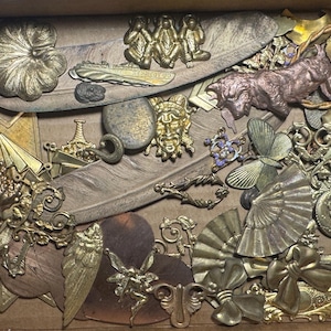 Può includere: Una collezione di ciondoli e abbellimenti vintage in ottone e bronzo. L'assortimento comprende figure di animali, forme decorative e disegni ornati, come un leone, una farfalla e un fiocco. Gli oggetti sono disposti in una scatola.