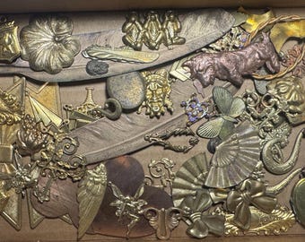 Könnte beinhalten: Eine Sammlung von Vintage-Charms und Verzierungen aus Messing und Bronze. Die Auswahl umfasst Tierfiguren, dekorative Formen und verzierte Designs, wie einen Löwen, einen Schmetterling und eine Schleife. Die Artikel sind in einer Box angeordnet.