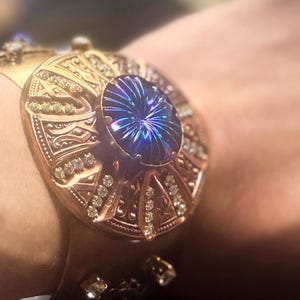 Antique Art Deco Starburst Stone Wide Cuff Brass Bracelet