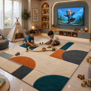 Modern Geometric Hand Tufted Area Rug – Luxury Kids Playroom Rug, Contemporary Nursery Carpet, Minimalist Living Room Decor
