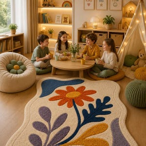 Könnte beinhalten: Ein Teppich mit unregelmäßiger, wellenförmiger Kantenform und cremefarbenem Hintergrund. Der Teppich zeigt eine große, zentrale orangefarbene Blume mit gelber Mitte, begleitet von stilisierten blauen und violetten Blättern und goldgelben Stielen.