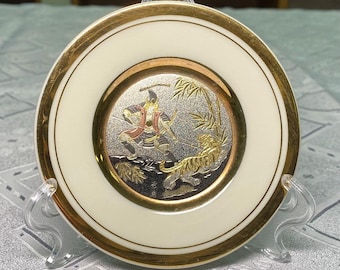 Vintage Japans Chokin-bordje | 24-karaats gouden samurai-tijgerscène, wanddecoratie