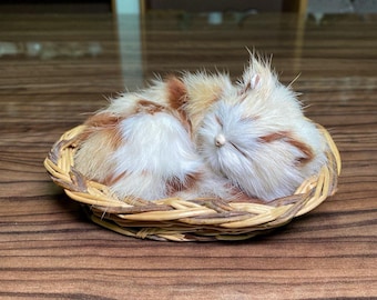 Vintage Sleeping Kitten in Basket Figurine | Handmade Faux Fur Cat Sculpture | 1970s Collectible