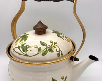 Asta German Enamel Teapot, Angel Trumpet Floral, Wood Handle, 1960s