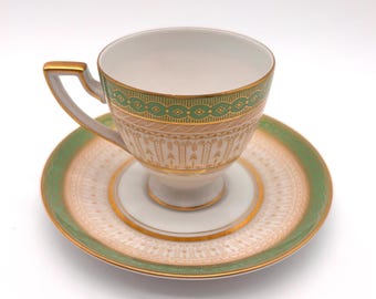 Royal Tettau Bavaria Demitasse Cup and Saucer, Green and Gold Neoclassical Vintage Porcelain