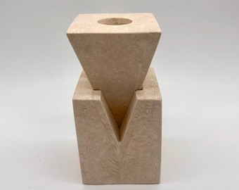 Vintage Renoir Designs Travertine Candleholder, Two Piece Geometric Diamond and Cube Form