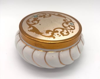 Vintage Matson Hand Painted Porcelain Trinket Box, Floral Gold Tone Vanity Box