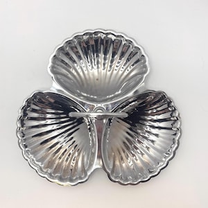 Vintage Irvinware Triple Shell Serving Dish | Silver Tone Divided Relish Tray | Scalloped Seashell Design
