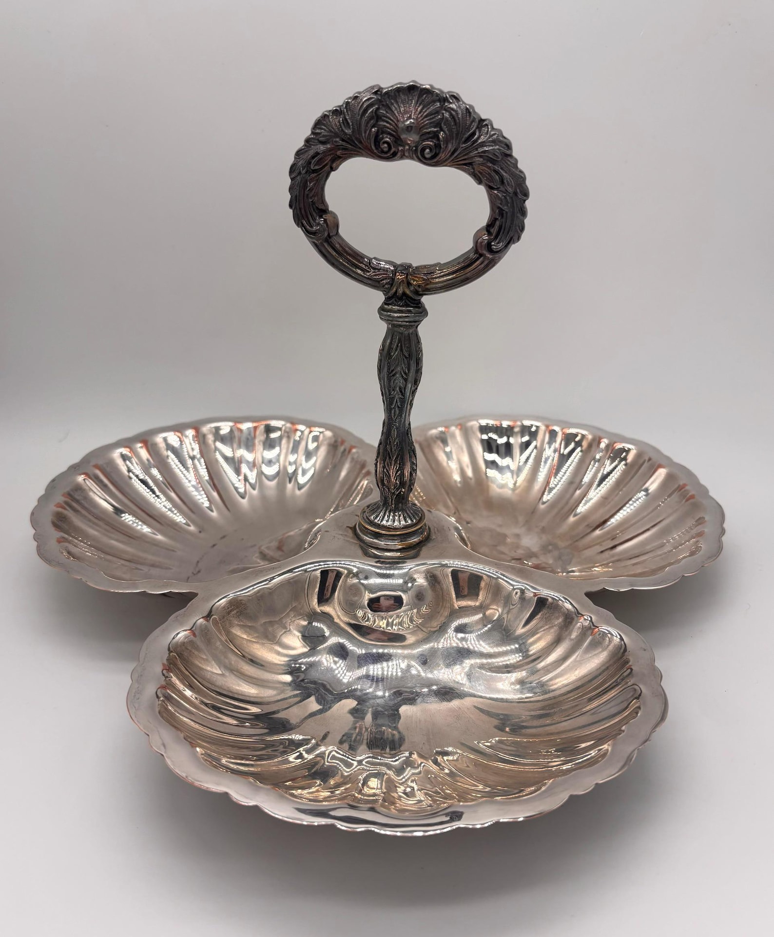 Vintage Silverplate Three-Shell Hors d'Oeuvre Server | Ornate Handle Serving Tray