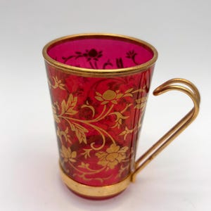 European Cranberry/Ruby Glass Tea Cup, Gilt Floral, Brass Handle, Antique Demitasse