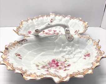 Antique Carl Tielsch Altwasser Porcelain Divided Serving Dish, Floral Double Shell Bowl, German China
