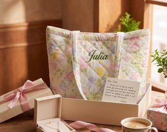 Custom Name Tote Bag,Bridesmaid Beach Bags,Personalized Flower Tote Bag,Embroidered Cotton Shoulder Bag,Bachelorette Gifts