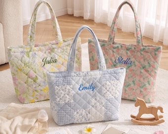 Personalisierte Blumen-Tragetasche, gesteppte Blumen-Tragetasche nach Maß, Schultertasche aus Baumwolle, Reisetasche, Geschenk für Brautjungfern