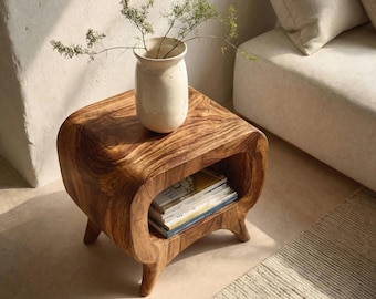 Massivholz Beistelltisch, Organic Modern Teak Akzent Tisch, Wabi Sabi Nachttisch
