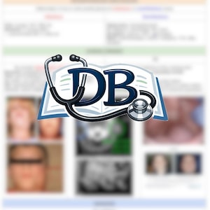 Könnte beinhalten: Medizinisch thematisierte Grafik mit einem Stethoskop, das über einem offenen Buch mit den blauen Buchstaben "DB" liegt. Der unscharfe Hintergrund deutet auf einen medizinischen oder pädagogischen Kontext hin.