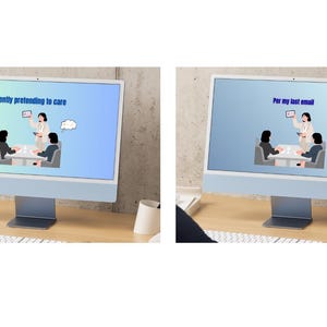 Pode incluir: Um monitor de computador azul claro exibe um desenho animado de uma reunião. A tela mostra o texto "Currently pretending to care" e "For my last email". O monitor está em uma mesa de madeira com um teclado e uma xícara branca.