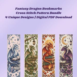 Fantasy Dragon Cross Stitch Bookmark Patterns, 4 PDF Designs, Instant Download