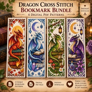 May include: A digital bundle of four cross-stitch bookmark patterns featuring dragons perched on stacks of books. The designs include a red dragon with autumn leaves, a blue dragon with a crescent moon, a green dragon with mushrooms, and a purple dragon with flowers.
