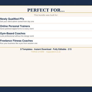 Può includere: Una grafica color crema con la scritta "PERFECT FOR..." e un elenco di professionisti: PT di nuova qualifica, Personal Trainer online, Allenatori basati su palestra e Allenatori di fitness freelance. La grafica indica anche "8 modelli Download istantaneo Completamente modificabile".