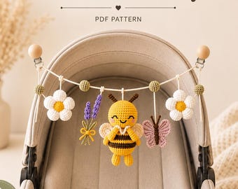 Bee Stroller Toy Crochet Pattern PDF, Baby Mobile Amigurumi Tutorial, English German Spanish French