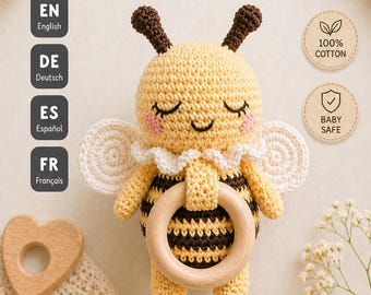 Bee Teether & Rattle Crochet Pattern PDF, Amigurumi Baby Toy, Wooden Ring Teething Toy, Beginner Friendly, Instant Download