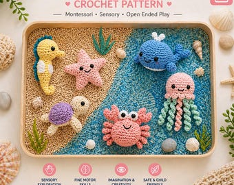 Ensemble de jeu sensoriel océan, motif PDF au crochet, animaux marins amigurumi, jouet Montessori pour tout-petit, configuration de la corbeille sensorielle, motricité fine