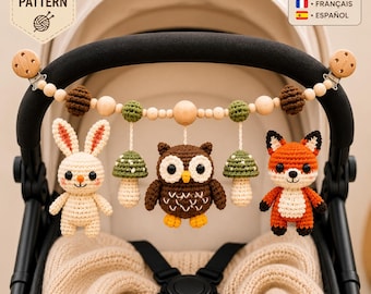 Woodland Stroller Toy Crochet Pattern PDF, Baby Car Seat Toy, Amigurumi Animal Garland, Bunny Owl Fox Crochet Pattern