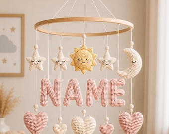Personalized Baby Mobile Crochet Pattern PDF, Name Mobile Pattern, Sun Moon Star Mobile, Nursery Decor, Amigurumi Baby Mobile, DIY Gift