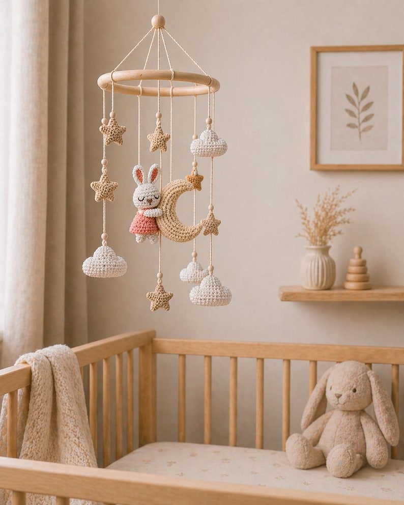 May include: A handmade baby mobile featuring a wooden ring with hanging crochet stars, clouds, and a bunny wearing a pink dress, and a crescent moon. The mobile hangs above a wooden crib with a beige blanket and a stuffed bunny.