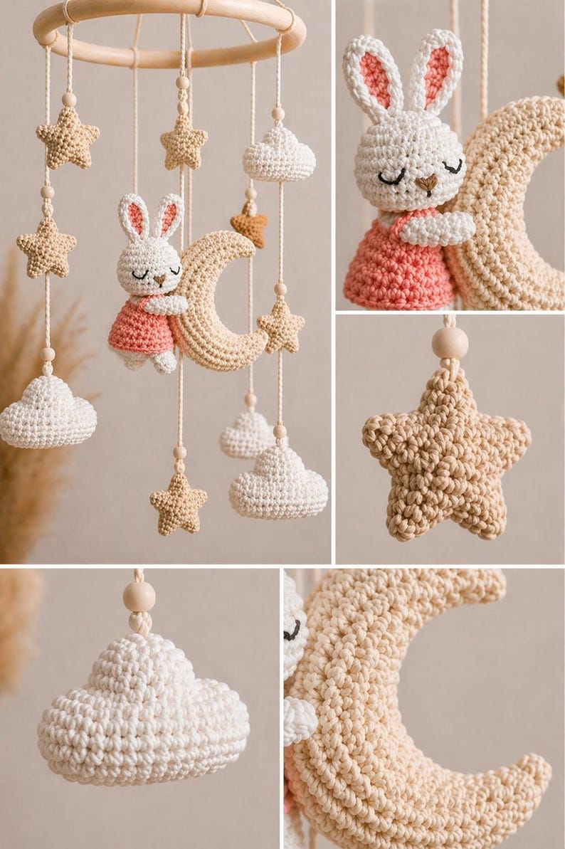 May include: A handmade crochet baby mobile featuring a wooden ring with hanging beige stars, white clouds, and a crescent moon. A white bunny wearing a pink dress is hugging the moon. The mobile is designed for a nursery.