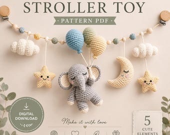 Elephant Stroller Toy Crochet Pattern PDF, Baby Pram Toy, Moon & Balloons, Nursery Garland, Amigurumi Tutorial