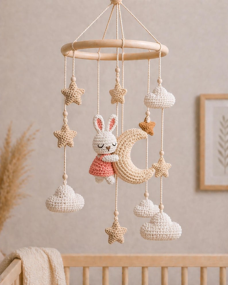 Crochet Baby Mobile Pattern PDF, Bunny Moon Crib Mobile, Amigurumi Nursery Decor, DIY Tutorial, Beginner Friendly, Baby Mobile Pattern image 1