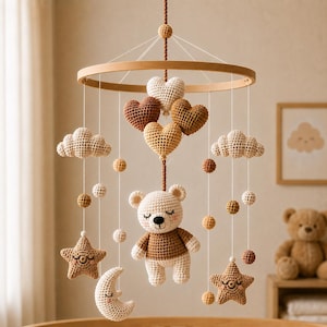Haakpatroon voor een babymobiel met teddybeer (PDF), wiegmobielpatroon, amigurumi babymobiel, babykamermobiel haakpatroon, direct te downloaden