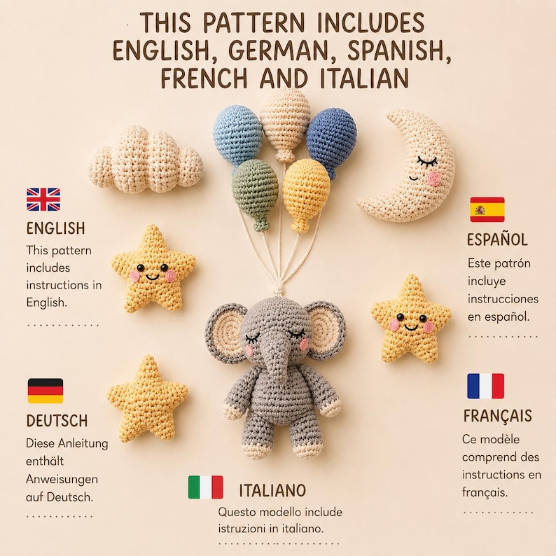 May include: A crochet pattern set featuring a gray elephant holding five colorful balloons, a crescent moon, and three yellow stars. Text states: THIS PATTERN INCLUDES ENGLISH, GERMAN, SPANISH, FRENCH AND ITALIAN. Includes language-specific instruction notes.
