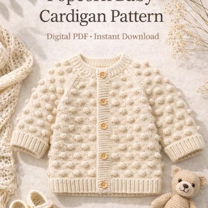 Könnte beinhalten: Cremefarbene Baby-Strickjacke mit Popcorn-Stich-Design, Holzknöpfen und gerippten Bündchen. Das Bild zeigt auch Babyschuhe, einen Teddybären und einen sternförmigen Beißring aus Holz. Der Text lautet "Popcorn Baby Cardigan Pattern".