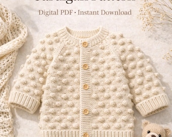 Popcorn Baby Cardigan Pattern PDF, Knitting Pattern, Baby Sweater Pattern, Instant Download, Beginner Friendly, Sizes Included