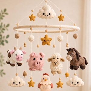Schema PDF per giostrina per culla con animali della fattoria, giostrina per culla fai da te Amigurumi, schema per mucca, maiale, pecora, cavallo, gallina all'uncinetto