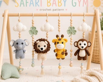 Lot de motifs au crochet Safari Baby Gym, modèle de jouet mobile pour bébé, PDF animal amigurumi, éléphant lion girafe singe