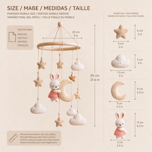 May include: A handmade baby mobile featuring a wooden ring, crocheted stars, clouds, a crescent moon, and a bunny. The mobile is 21.6 inches (55 cm) long and includes a PDF pattern. The bunny is 4.3 inches (11 cm) tall.