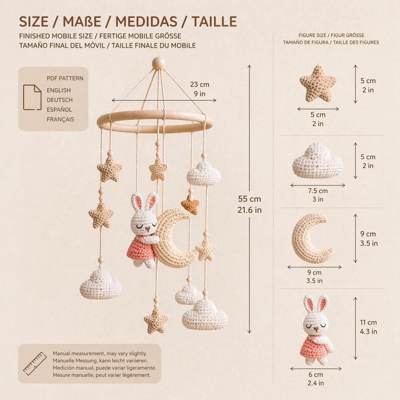 May include: A handmade baby mobile featuring a wooden ring, crocheted stars, clouds, a crescent moon, and a bunny. The mobile is 21.6 inches (55 cm) long and includes a PDF pattern. The bunny is 4.3 inches (11 cm) tall.