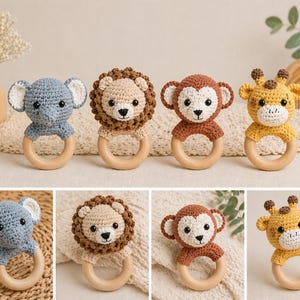 4-in-1 Safari Baby Teether & Rattle Crochet Pattern PDF, Amigurumi Animal Teething Toy, Elephant Lion Monkey Giraffe, Beginner Friendly
