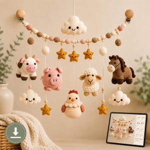 Bauernhof Tier Kinderwagen Girlande Häkelanleitung PDF, Baby Kinderwagen Spielzeug, Amigurumi Kuh Schwein Schaf Pferd Anleitung