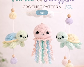 Baby Mobile Crochet Pattern PDF – Turtle & Jellyfish Mobile, Amigurumi Ocean Nursery, DIY Crib Mobile