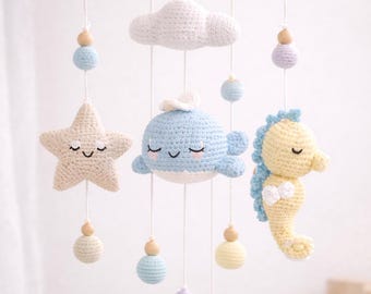 Motif PDF de Mobile bébé océan au crochet – Mobile baleine, hippocampe et étoiles de mer, décoration de chambre d'enfant Amigurumi, motif mobile de berceau bricolage