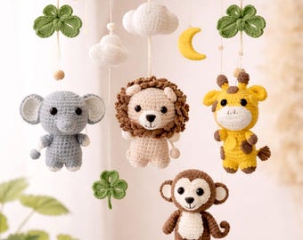 Safari Baby Mobile – Crochet Crib Mobile – Jungle Nursery Decor – Lion Elephant Giraffe Monkey – Handmade Baby Gift