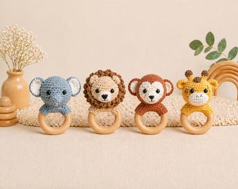 Safari Baby Teether & Rattle Crochet Pattern PDF, Amigurumi Animal Teething Toy, Elephant Lion Monkey Giraffe, Beginner Friendly