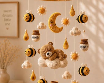 Honey Bear Baby Mobile Crochet Pattern PDF, Neutral Bee Nursery Mobile, Teddy Bear Amigurumi Decor