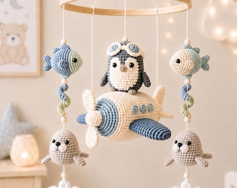 Penguin Airplane Baby Mobile Crochet Pattern PDF, Amigurumi Nursery Mobile, Snowflake Mobile, Digital Download