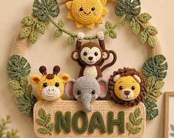 Personalized Safari Nursery Decor PDF Pattern, Crochet Baby Name Sign, Jungle Animal Amigurumi Wall Hanging